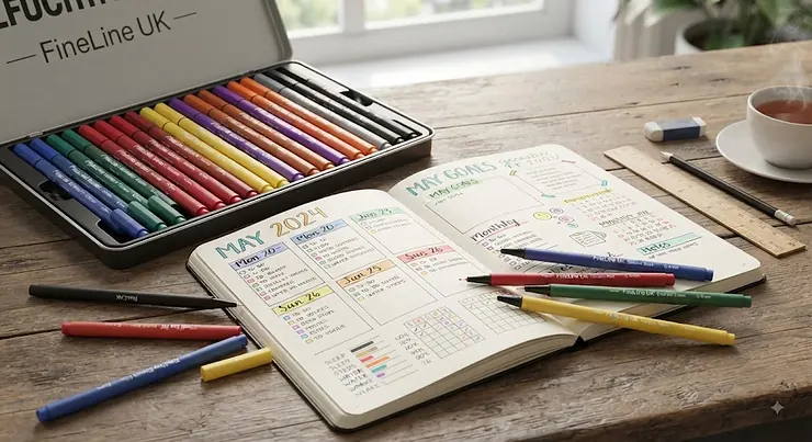 A high-quality set of fineliner pens ideal for bullet journaling, featuring vibrant colours and precise tips for UK stationery enthusiasts.