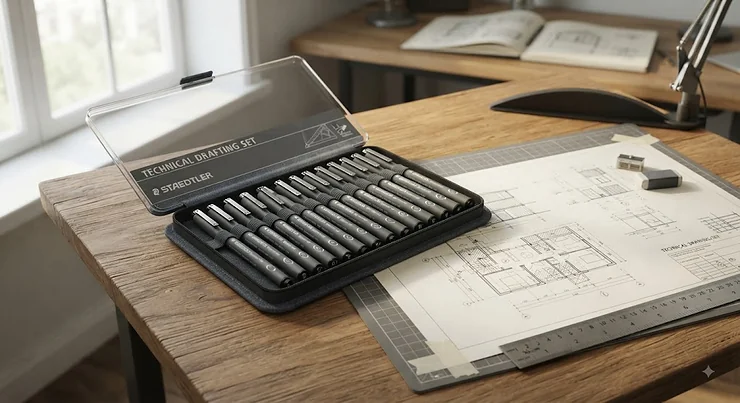 A comprehensive set of professional-grade fineliner pens for technical drawing, neatly organised on a desk.
