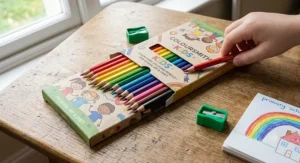 Pack of non-toxic coloured pencils in a cardboard box designed for children's art and school craft projects