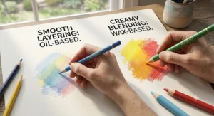 Visual comparison of smooth pigment layering with oil-based coloured pencils versus creamy blending with wax-based coloured pencils on heavy paper.