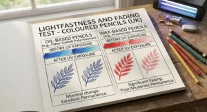 Side-by-side lightfastness test showing colour permanence of oil-based and wax-based artist coloured pencils after UV light exposure.