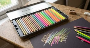 Shimmering metallic and neon coloured pencil set creating bright highlights on dark card