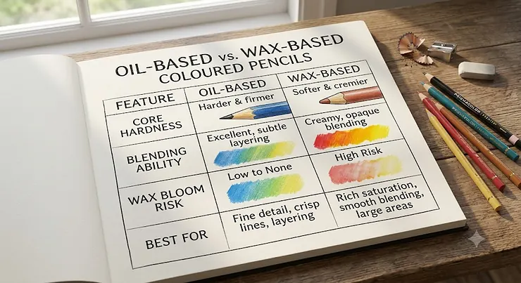 Comparison chart highlighting key differences between oil-based and wax-based coloured pencils, including core hardness, blending ability, and wax bloom risk. oil based vs wax based coloured pencils