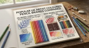 Selection of leading UK artist coloured pencil ranges, comparing oil-based Faber-Castell Polychromos with wax-based options.