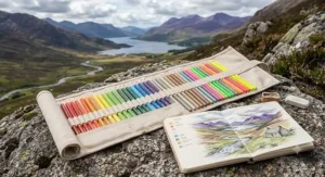 Canvas roll-up wrap containing a coloured pencil set laid out for outdoor landscape sketching