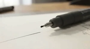 Close-up of a precision fineliner pen tip demonstrating high-quality ink flow for detailed architectural drafting.