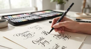 Artist using a dual tip brush pens set for elegant modern calligraphy and hand lettering on quality cardstock