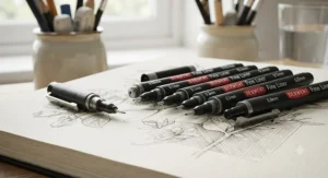 Close-up of professional waterproof fineliner pens for artists showing fine tip precision.