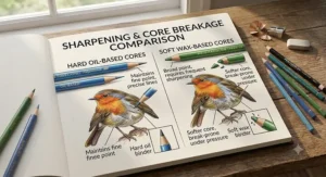 Demonstration of hard oil-based coloured pencil cores retaining a fine point compared to softer wax-based pencil cores.