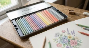 Soft pastel coloured pencil set displaying muted tones beside a floral sketchbook illustration