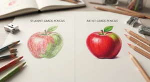 An illustration highlighting the texture and wax bloom differences between student-grade and professional coloured pencils.