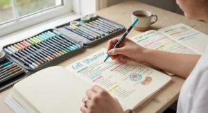 Student using a dual tip brush pens set to colour-code aesthetic revision notes and study planners