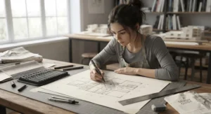 A design student working on a complex technical drawing project using specialised fineliner pens.