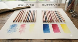 Colour swatches demonstrating how affordable pencils compare to artist-grade sets on textured art paper.