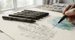 Close-up of high-quality waterproof fineliner pens demonstrating smear-free ink lines on watercolour paper.