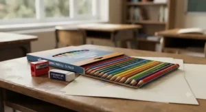 A stationery set featuring value coloured pencils, a pencil sharpener, and a rubber