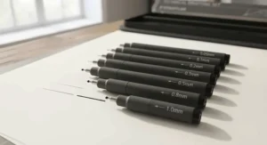 A selection of fineliner pens for technical drawing featuring a range of nib sizes from 0.05mm to 1.0mm.