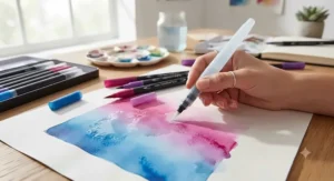 Water-based dual tip brush pens set demonstrating watercolour blending techniques with a water brush
