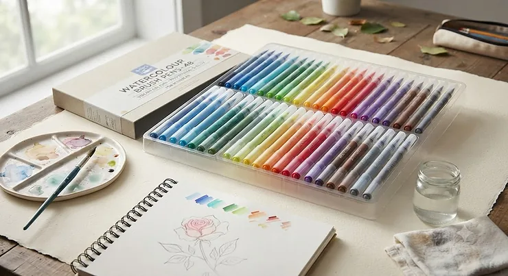 A comprehensive set of professional watercolour brush pens laid out for beginner artists.