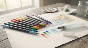 A selection of watercolour brush pens placed alongside a refillable water brush for watercolour painting effects.