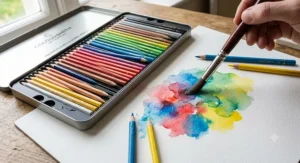 Water-soluble coloured pencil set with a wet paintbrush blending vibrant shades on watercolour paper