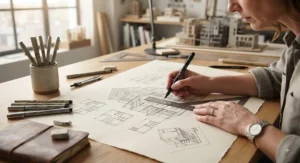 Architect using precise waterproof fineliner pens for detailed line drawings