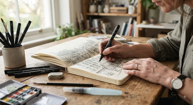 Artist using waterproof fineliner pens for detailed sketching in a notebook