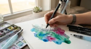 Illustration showing black waterproof fineliner pens used alongside vibrant watercolour washes