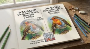 Illustration showing the hazy white film of wax bloom forming over layered wax-based coloured pencil artwork over time.