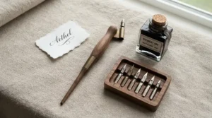 A complete starter kit layout of dip pen sets for beginners, including multiple nibs, black ink, and a slant holder.
