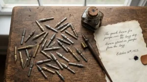 A flat lay photograph of a diverse dip pen nib collection alongside an ink bottle and parchment paper.