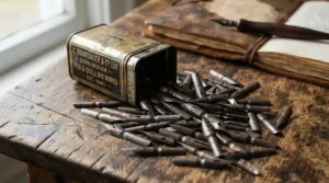 A rusty antique dip pen nib collection spilling out from a retro printed metal tin box.