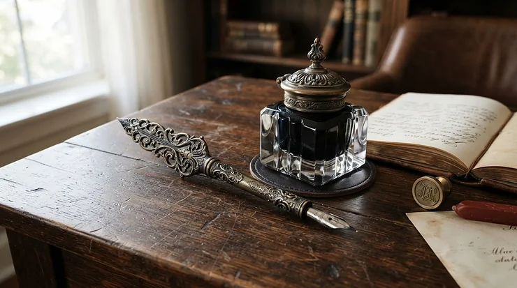An antique-style metal dip pen set for beginners paired with a vintage glass inkwell.
