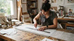 An artist carefully measuring a long tracing paper roll for a fine art project.