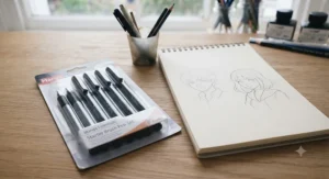 A beginner-friendly starter set of brush pens for manga art displayed next to a sketchpad with comic character outlines.