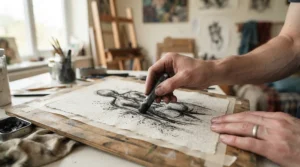 An artist using the best A4 sketchbooks for detailed charcoal drawing in a bright London studio