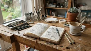 A well-used example from our selection of the best A4 sketchbooks resting on a messy studio workbench