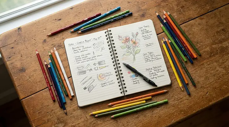 A flat lay arrangement featuring one of the best A4 sketchbooks with spiral binding and pencils