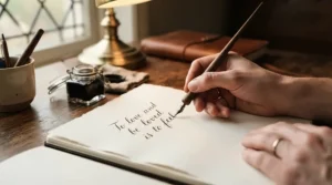 Close-up of a beginner using dip pen sets for beginners to practice copperplate lettering on heavy cream paper.