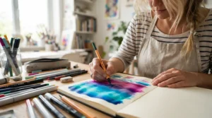 An artist blending vibrant colours on bleedproof paper for markers in a bright studio