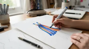 A fashion designer sketching clothing details using bleedproof paper for markers