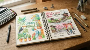 An open sketchbook featuring bleedproof paper for markers surrounded by colourful pens