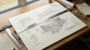 Architectural line work created on bristol board for ink drawing in a London studio