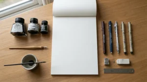 Artist workspace flat lay featuring black pens and sheets of bristol board for ink drawing