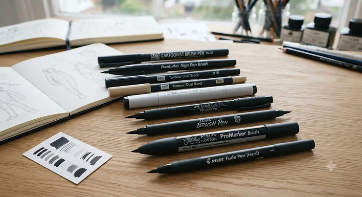 A selection of top brush pens for manga art arranged neatly on a desk, featuring various nib sizes for drawing and inking.