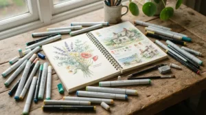 Beginner artist setup featuring sketchpads and affordable brush pens under £15 on a table