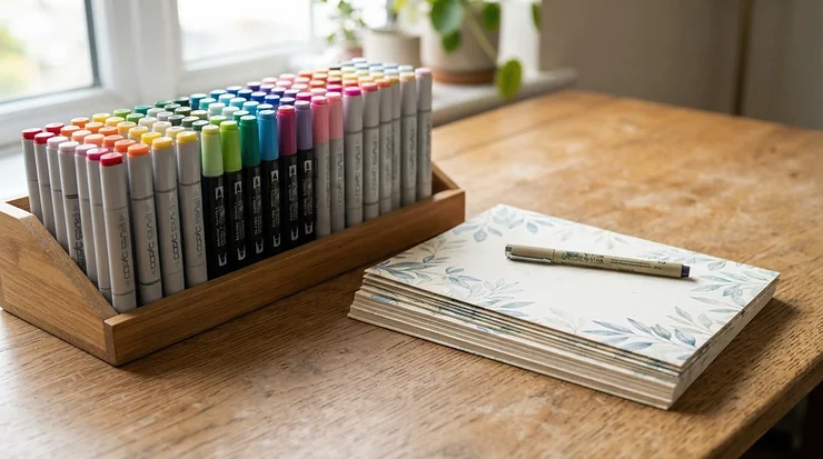 Affordable brush pens under £15 arranged neatly on a desk next to modern hand lettering practice sheets.