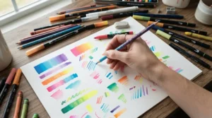 A full colour swatch chart created using a set of cheap brush pens under £15 in a sketchbook.