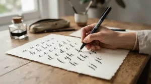 Modern brush lettering practice sheet showing smooth strokes made with cheap brush pens under £15