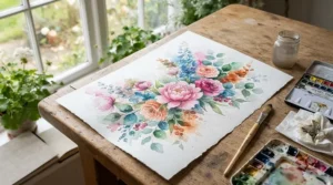 Beautiful watercolour floral artwork painted with affordable brush pens under £15 and water blending.